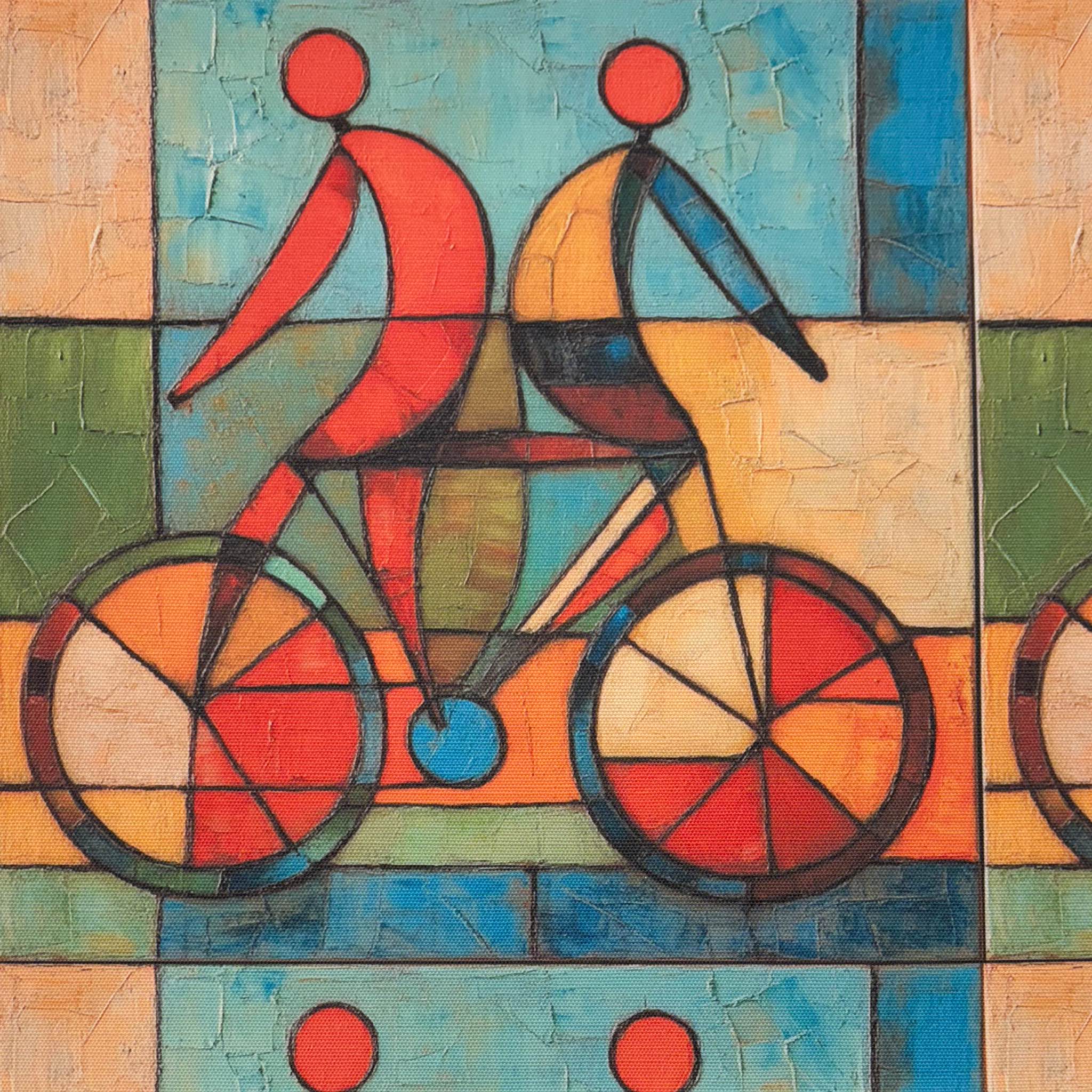 Flat lay of Mougin No.26 Upholstery Fabric featuring bold cyclist motif in multicolour