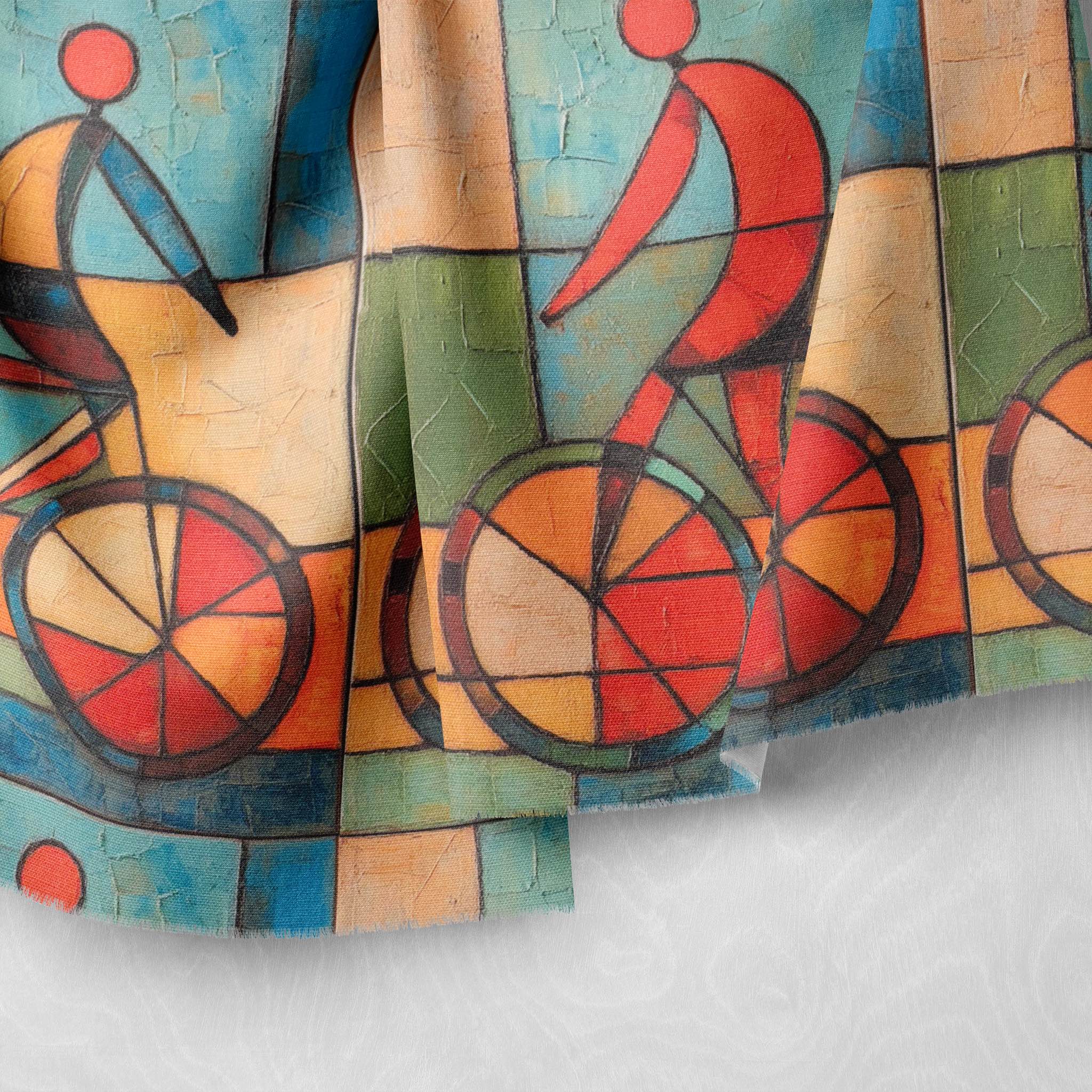 Close-up of Mougin No.26 fabric showing multicoloured printed texture and clean linework