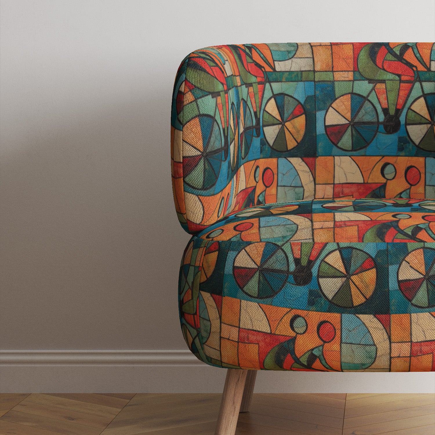 Accent chair upholstered in Mougin No.27 fabric showing Picasso-inspired pattern
