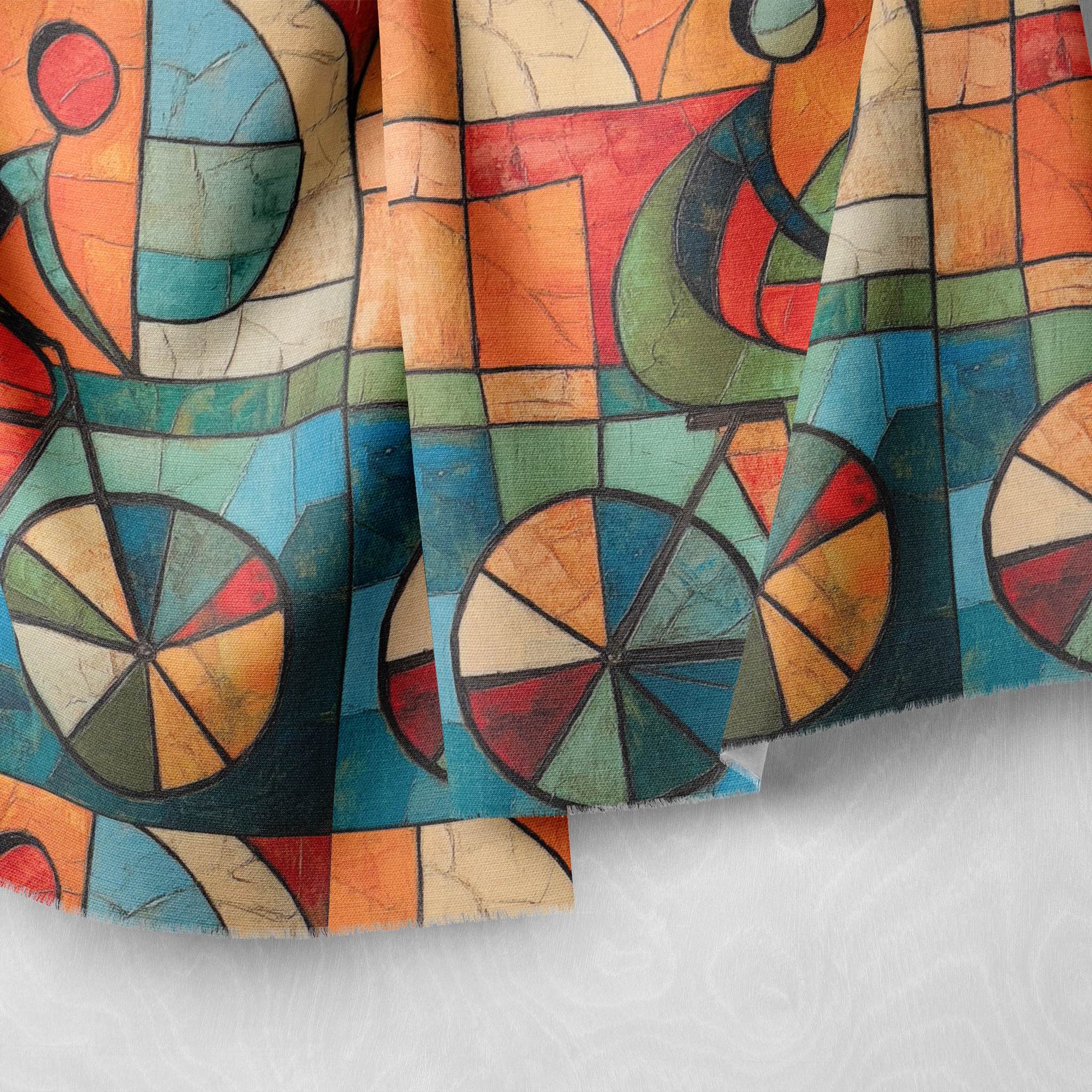 Close-up of textured multicoloured upholstery fabric featuring abstract shapes and wheels