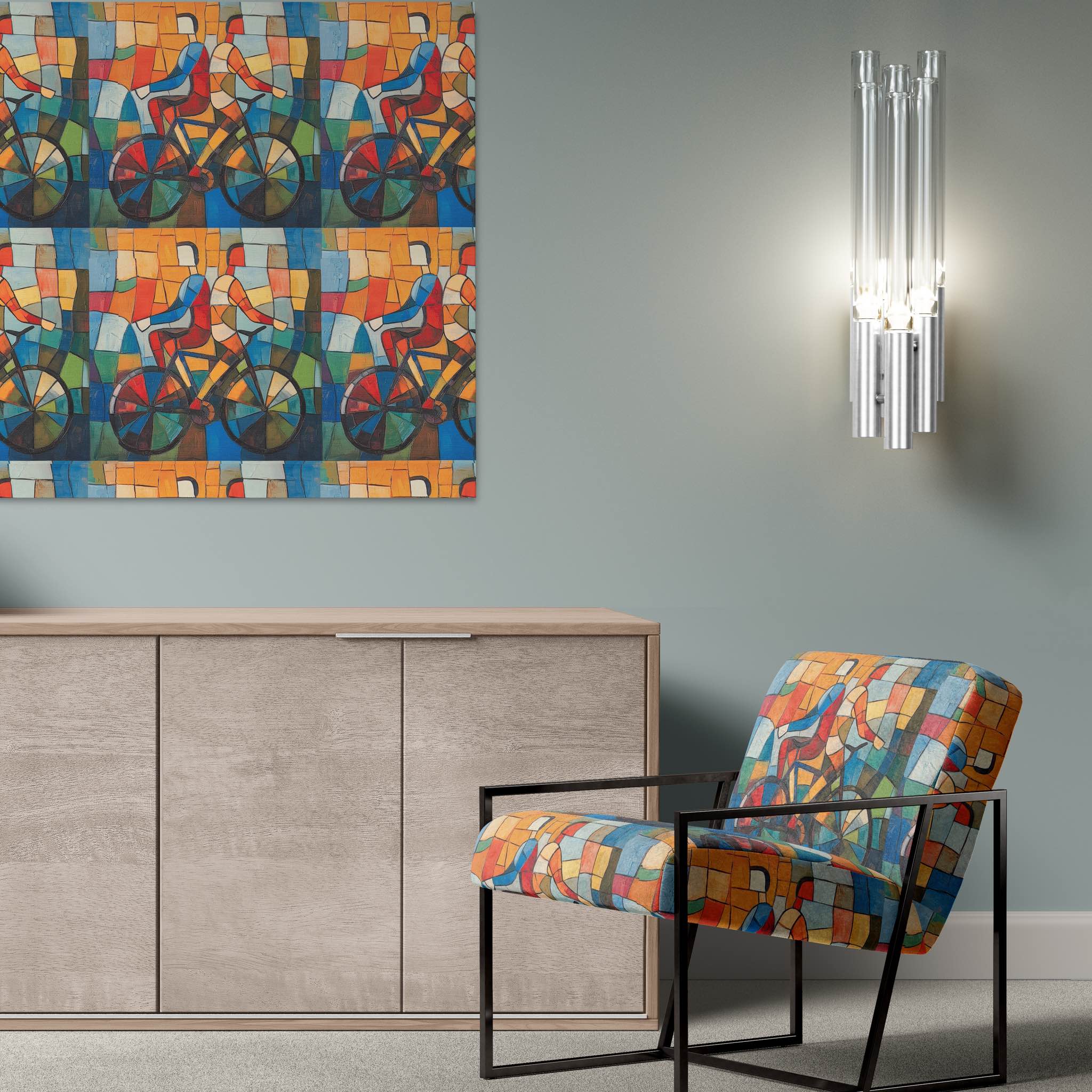 Accent chair upholstered in Mougin No.28 showing colourful artistic upholstery fabric