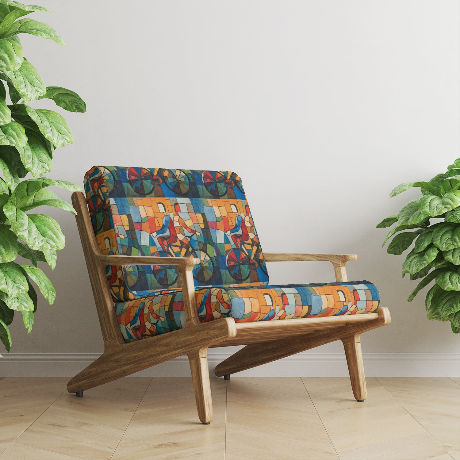 Accent chair upholstered in Mougin No.28 showing colourful artistic upholstery fabric
