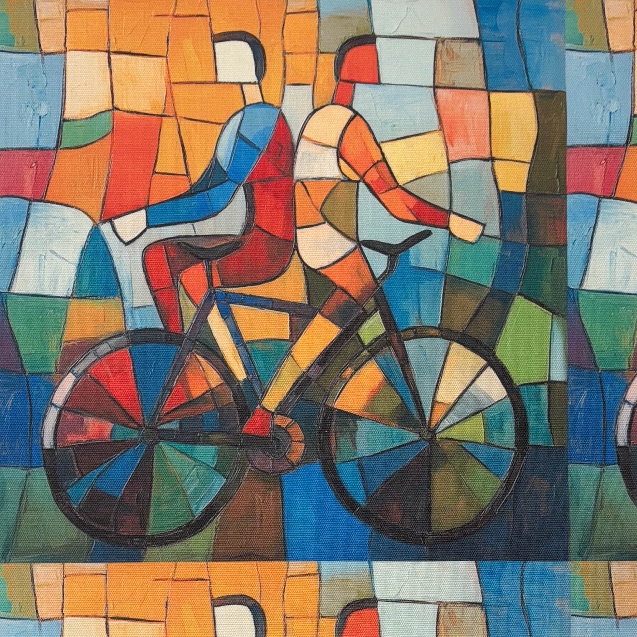 Flat lay of Mougin No.28 multicoloured upholstery fabric with abstract cyclist motif