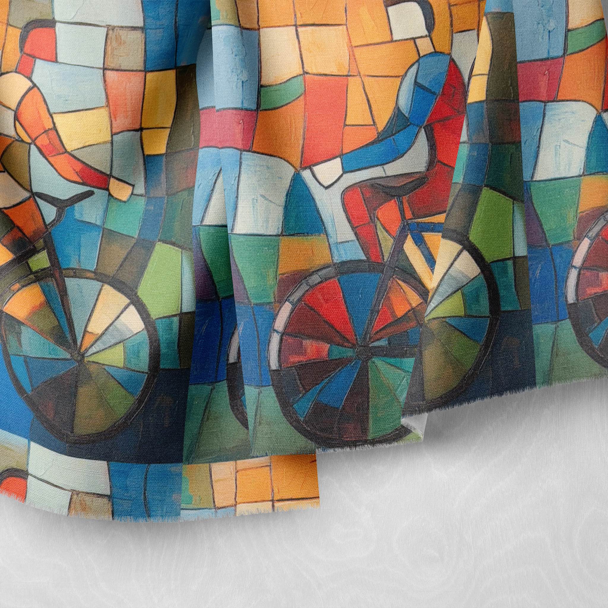Close-up of Mougin No.28 upholstery fabric showcasing patchwork and cyclist detail