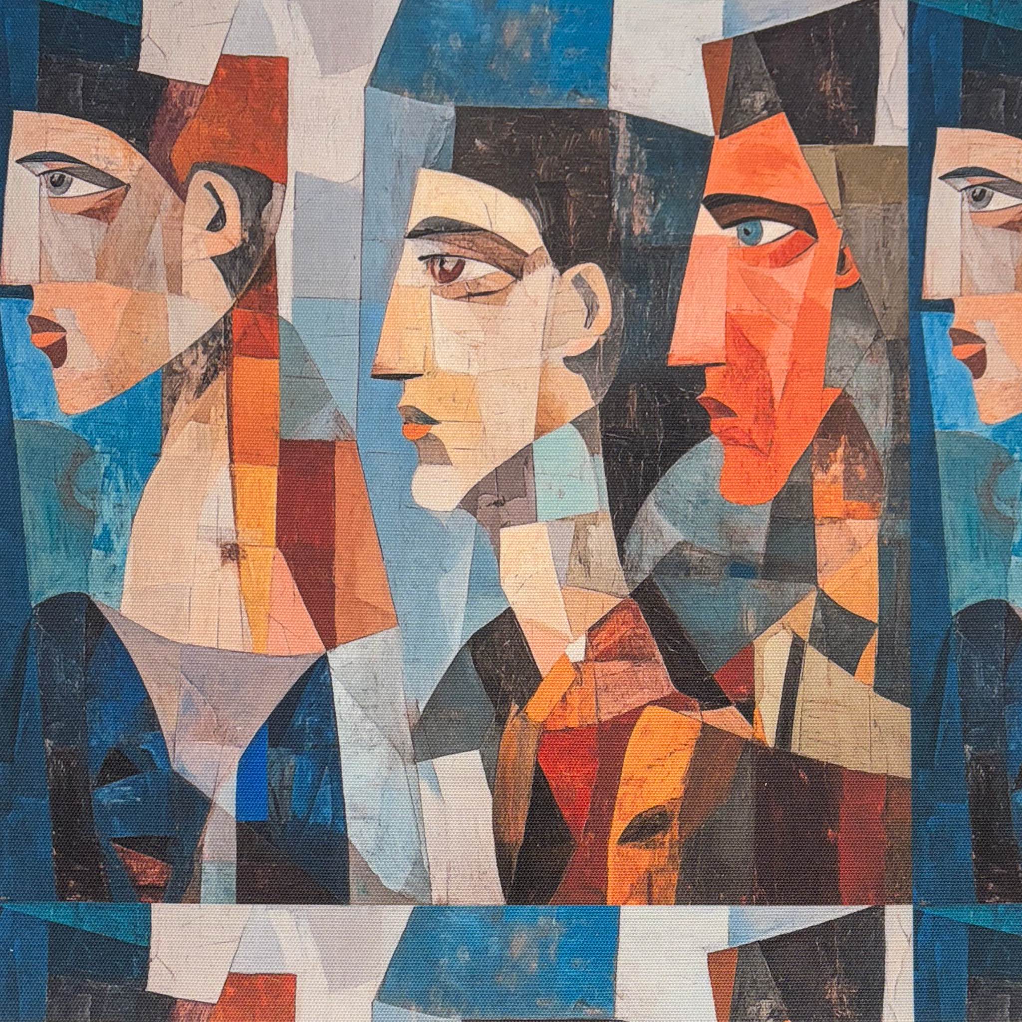 Flat lay of Mougin No.29 blue upholstery fabric with abstract face design