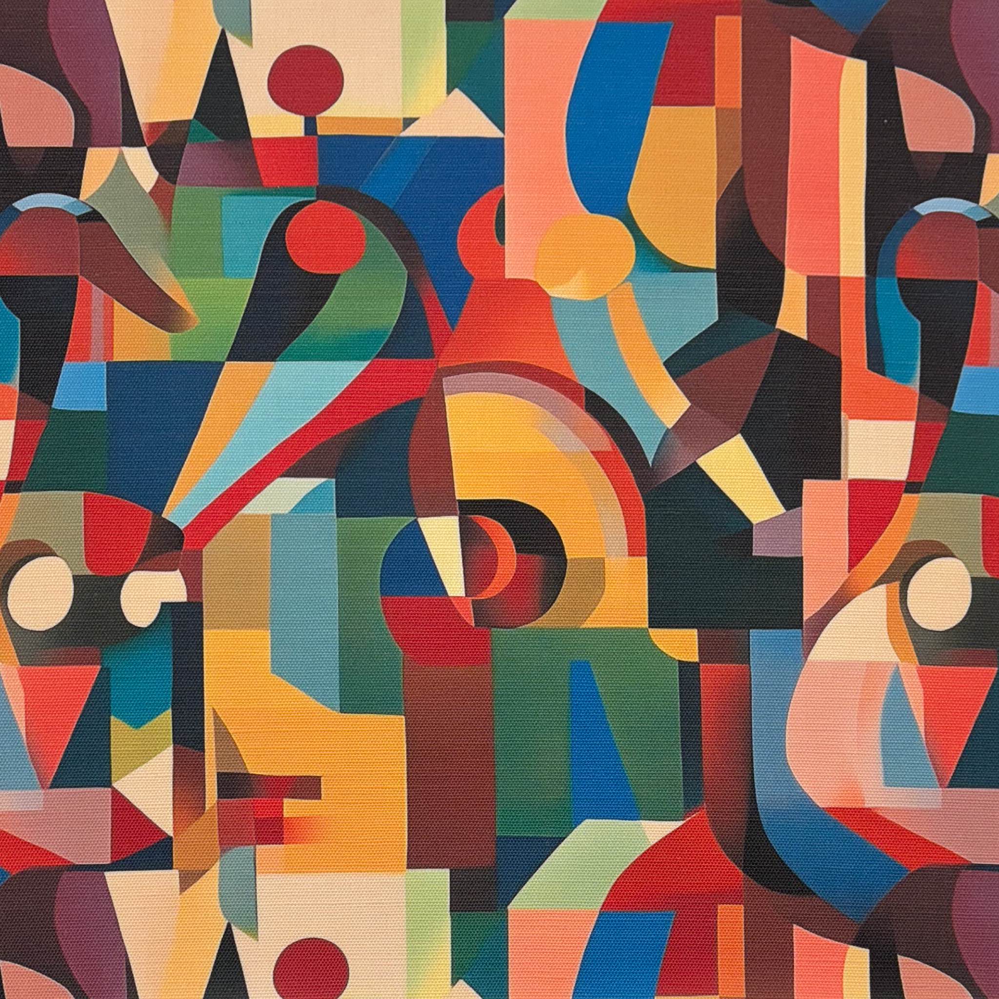 Flat lay of Mougin No.2 multicoloured cubist upholstery fabric with Picasso-inspired design