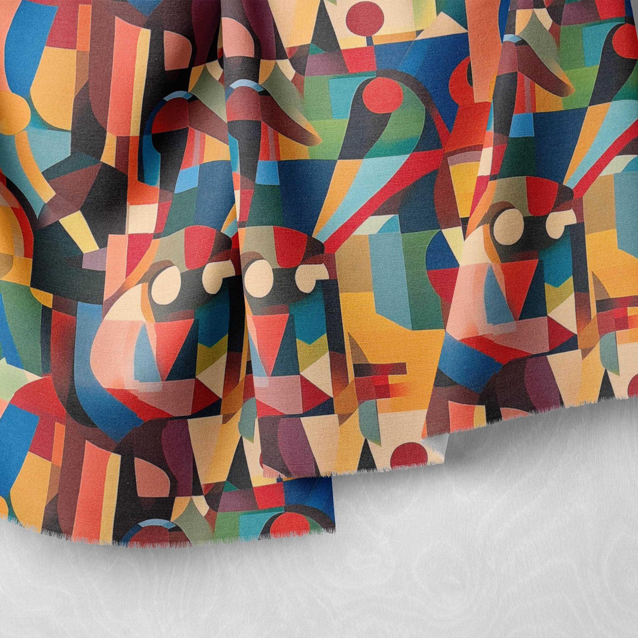 Draped close-up of Mougin No.2 luxury upholstery fabric highlighting the colour-rich texture and geometric pattern