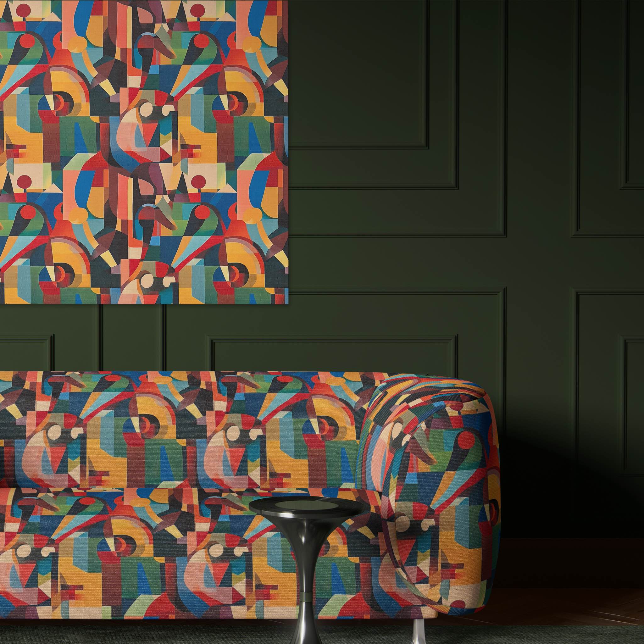 Sofa and chair upholstered in Mougin No.2 showing abstract painterly details