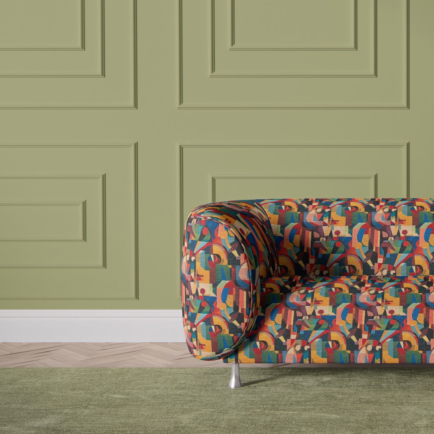 Sofa and chair upholstered in Mougin No.2 showing abstract painterly details