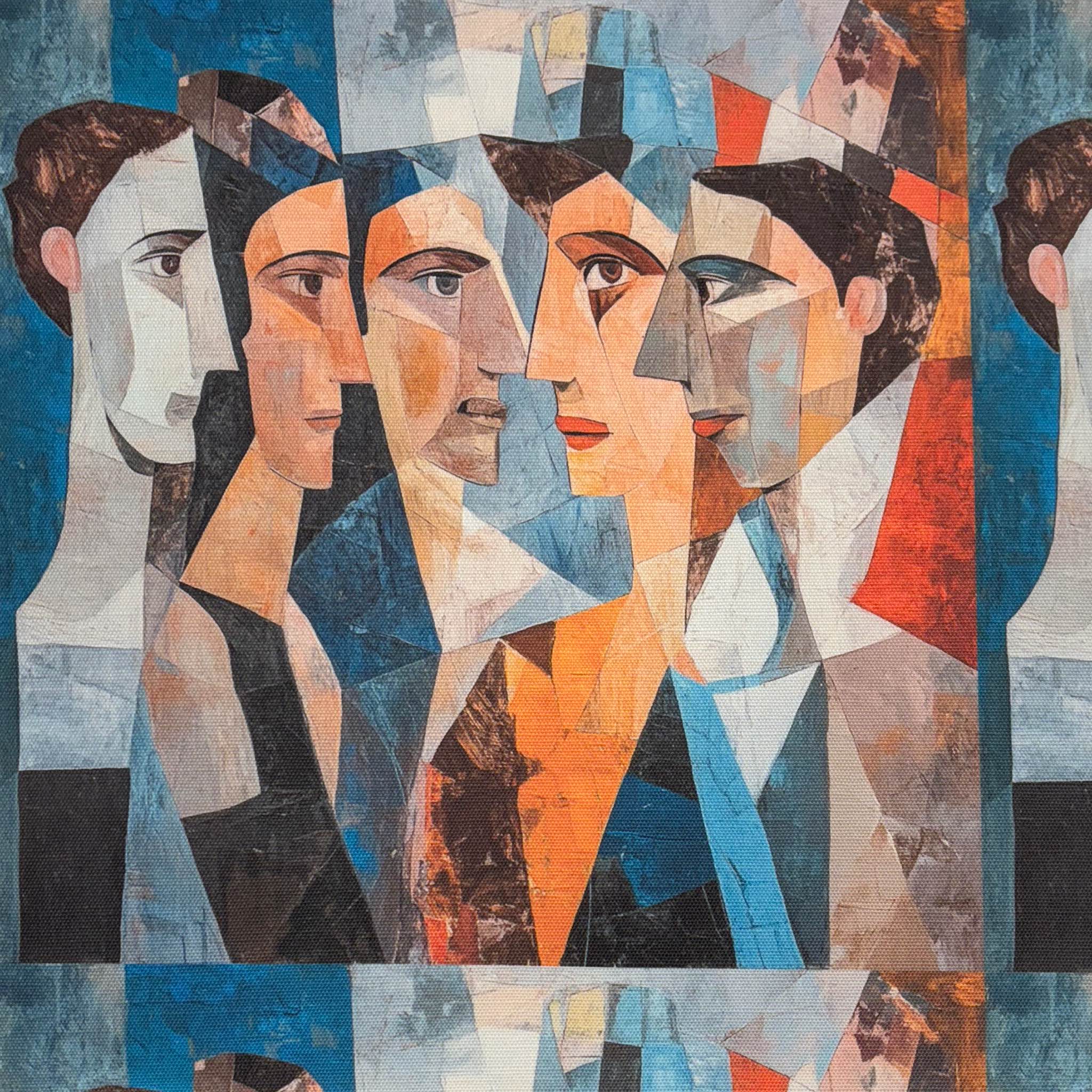 Flat lay of Mougin No.30 blue abstract upholstery fabric with cubist faces