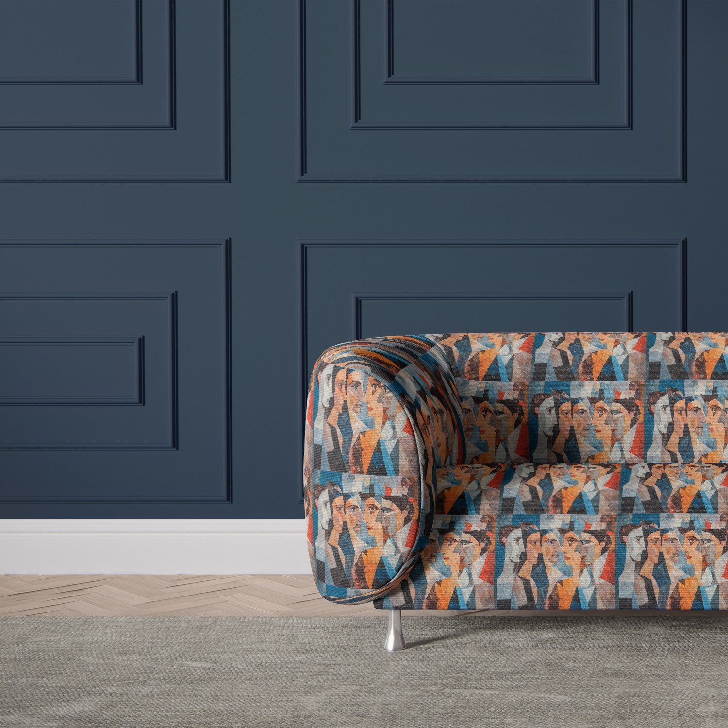 Modern armchair upholstered in Mougin No.30 blue artistic statement fabric