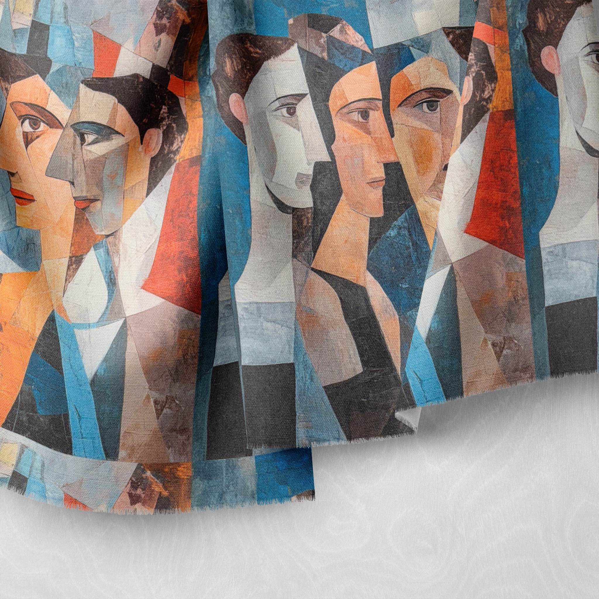 Close-up of blue upholstery fabric showing Picasso-inspired face design in Mougin No.30