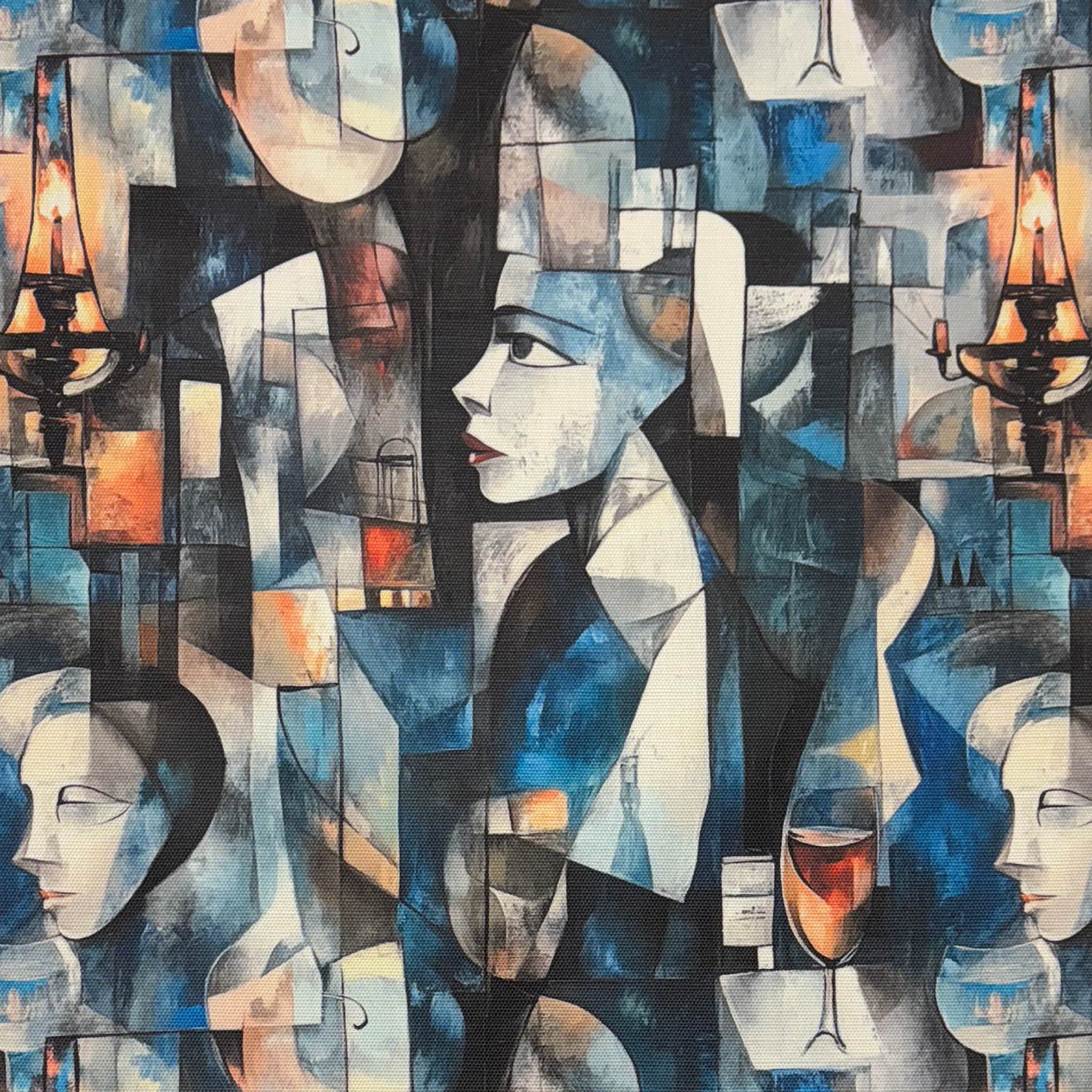 Flat lay of Mougin No.31 blue upholstery fabric with abstract face design