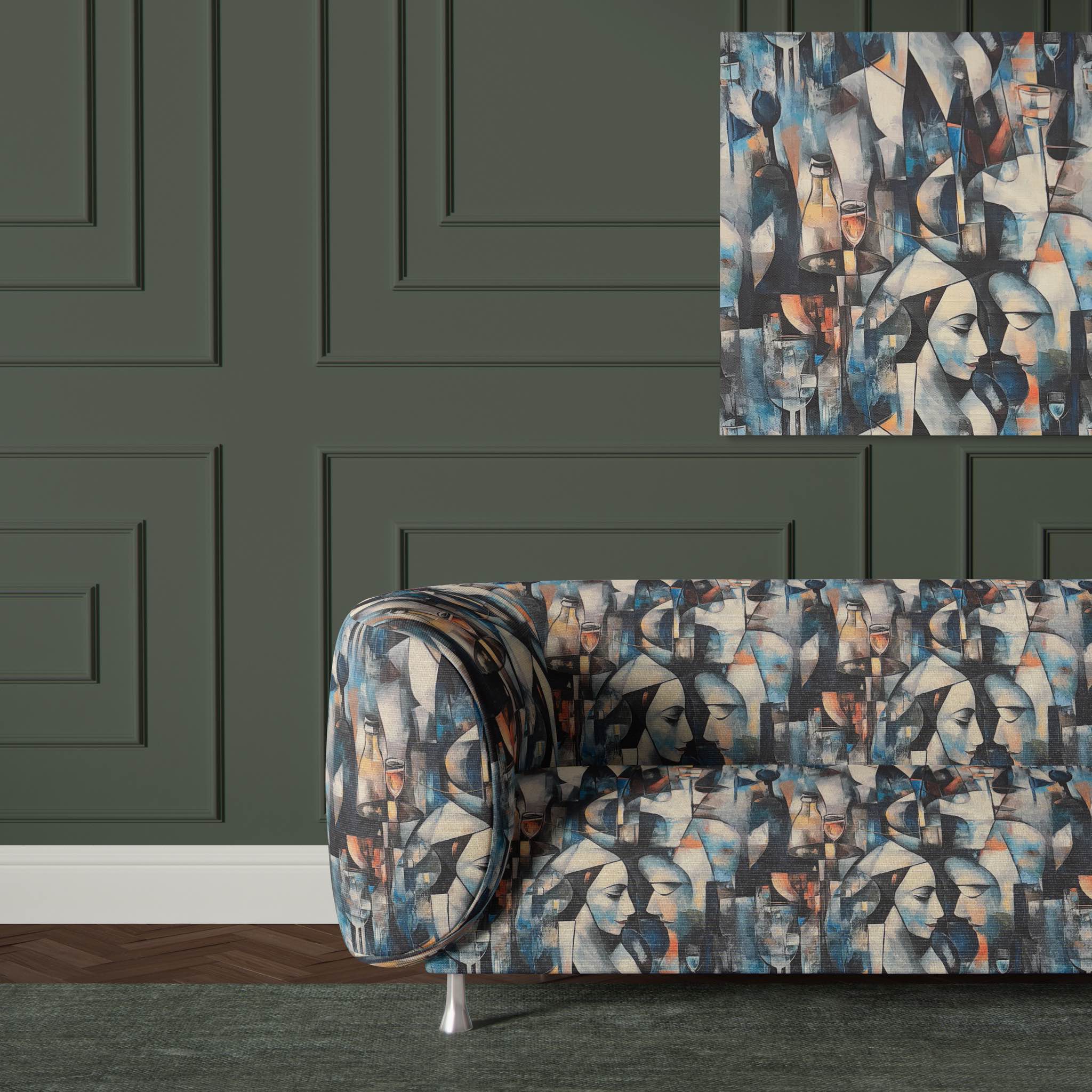 Sofa upholstered in Mougin No.32 blue painterly abstract fabric with artistic print