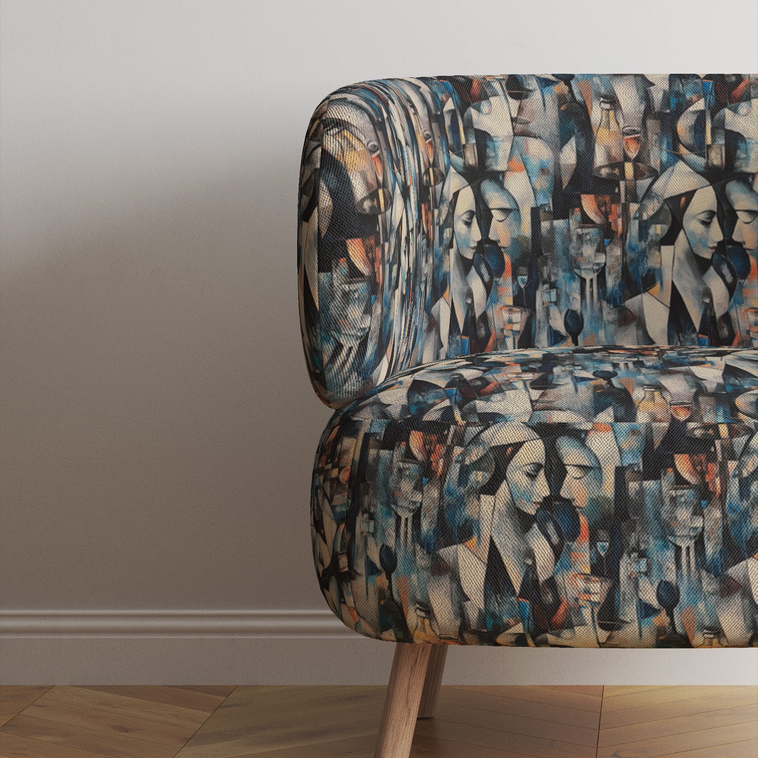 Sofa upholstered in Mougin No.32 blue painterly abstract fabric with artistic print