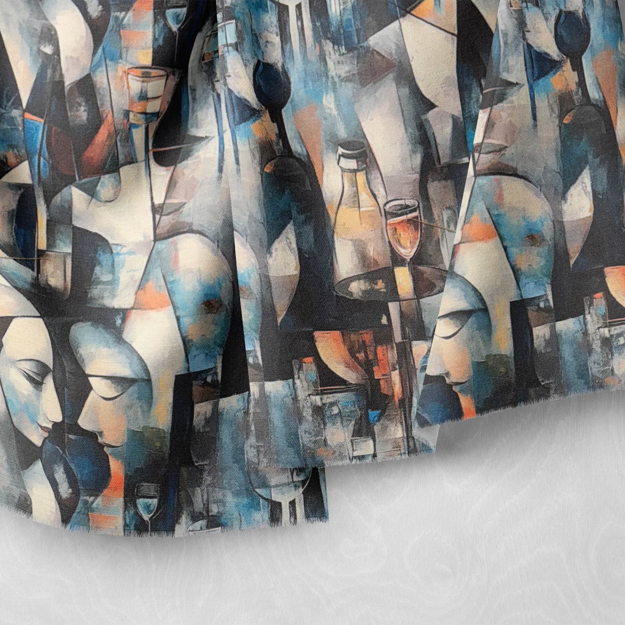 Close-up of luxury blue upholstery fabric with surrealist face and wine glass detailing