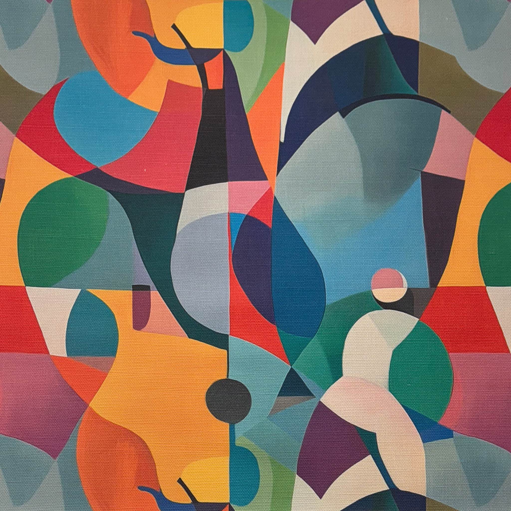 Flat lay of Mougin No.3 multicoloured upholstery fabric with abstract Picasso-inspired shapes