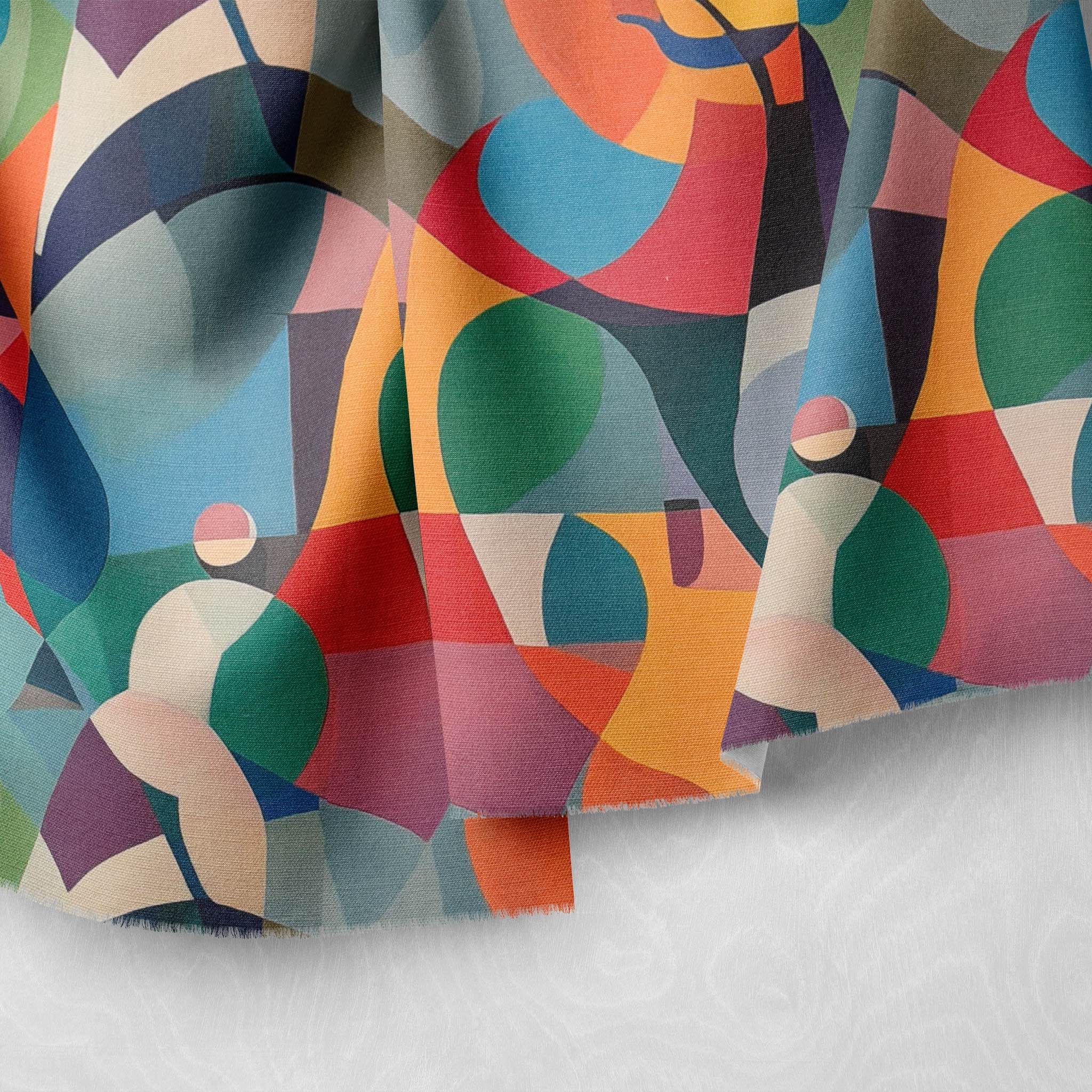 Close-up of Mougin No.3 fabric drape featuring vibrant multicolour upholstery fabric pattern and painterly texture