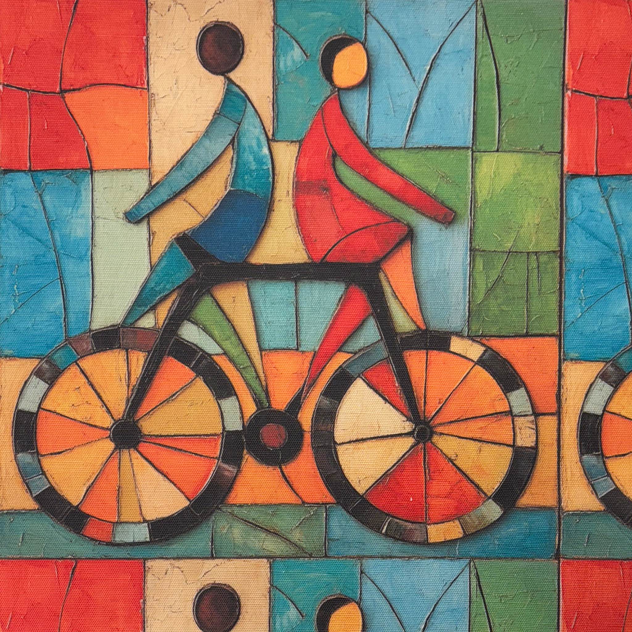 Flat lay of Mougin No.4 multicoloured upholstery fabric with abstract bicycle design