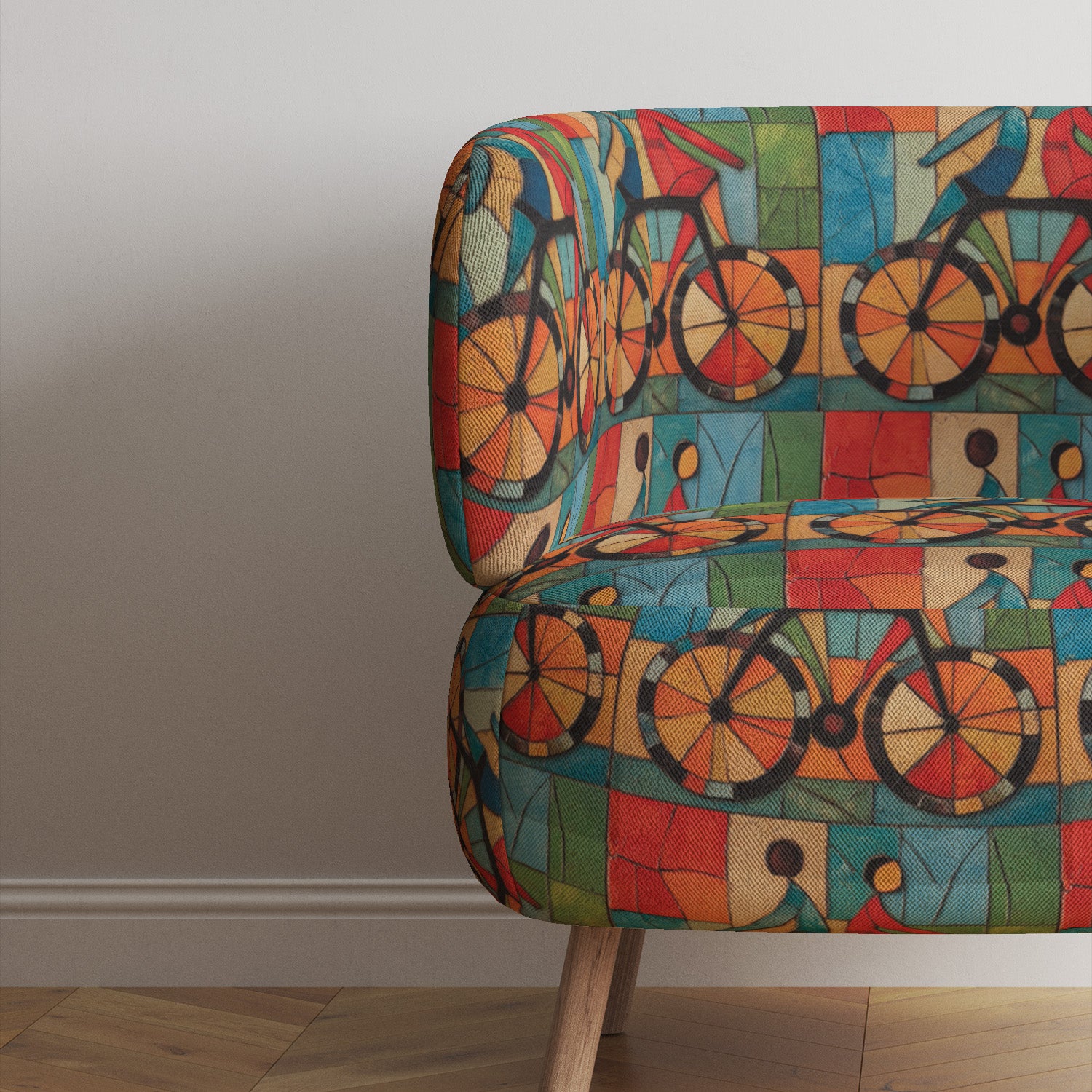 Accent chair upholstered in Mougin No.4 luxury upholstery fabric showing vibrant cycling motif
