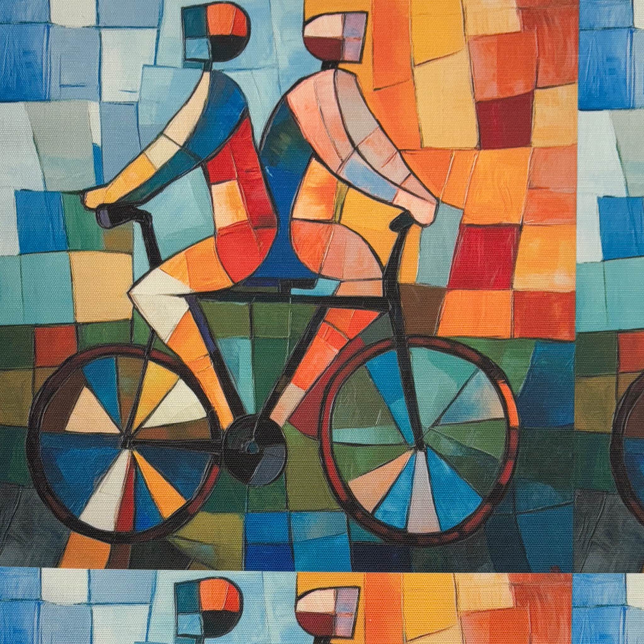 Flat lay of Mougin No.5 multicoloured upholstery fabric with abstract cyclists