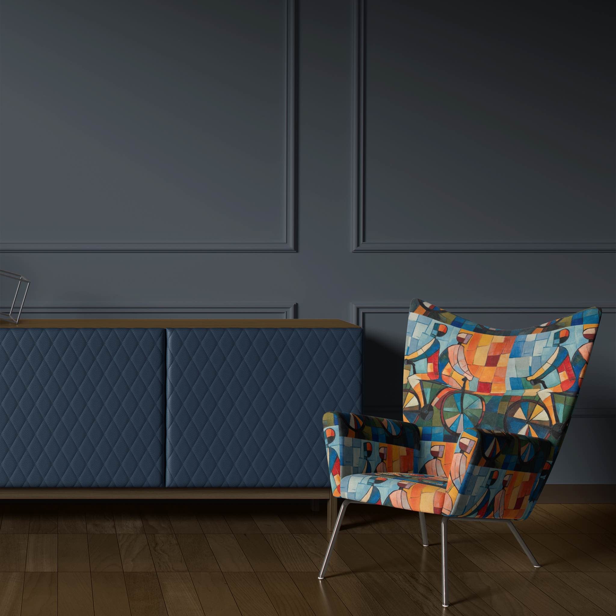 Accent chair upholstered in Mougin No.5 upholstery fabric showing colourful Cubist bike design