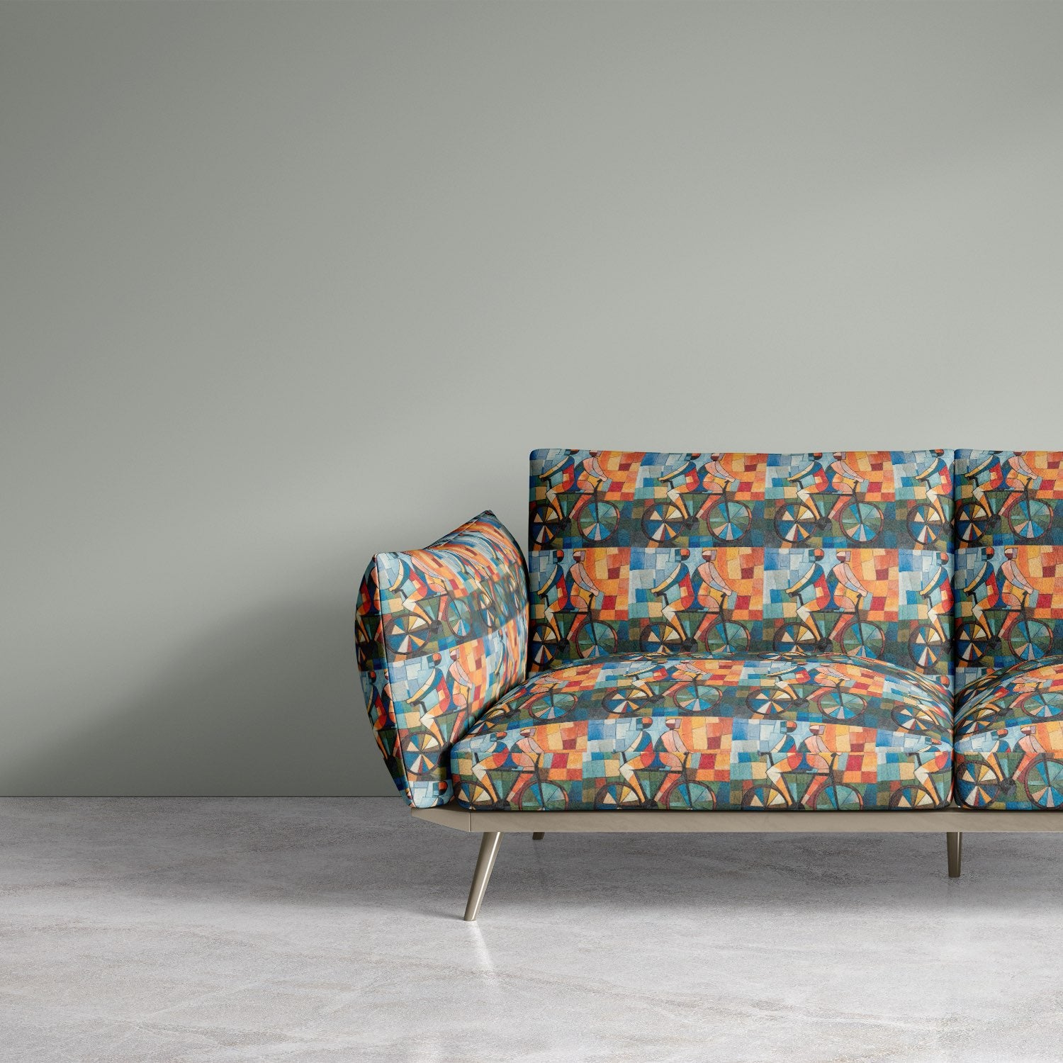 Accent chair upholstered in Mougin No.5 upholstery fabric showing colourful Cubist bike design