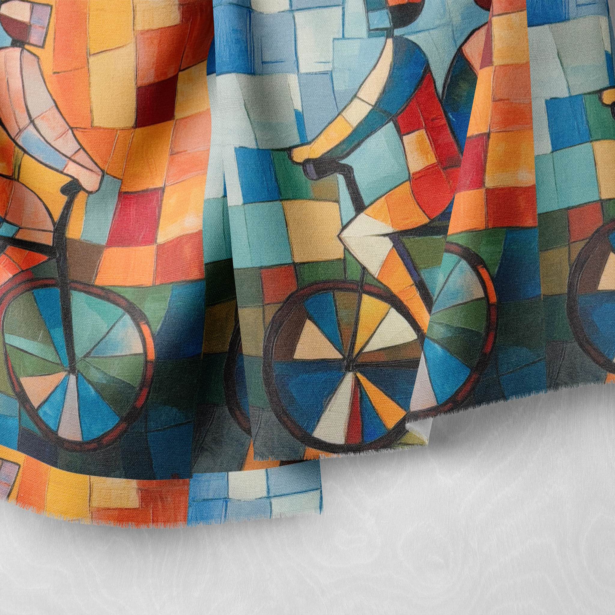Draped view of Mougin No.5 upholstery fabric with Picasso-style geometric shapes and cycling figures