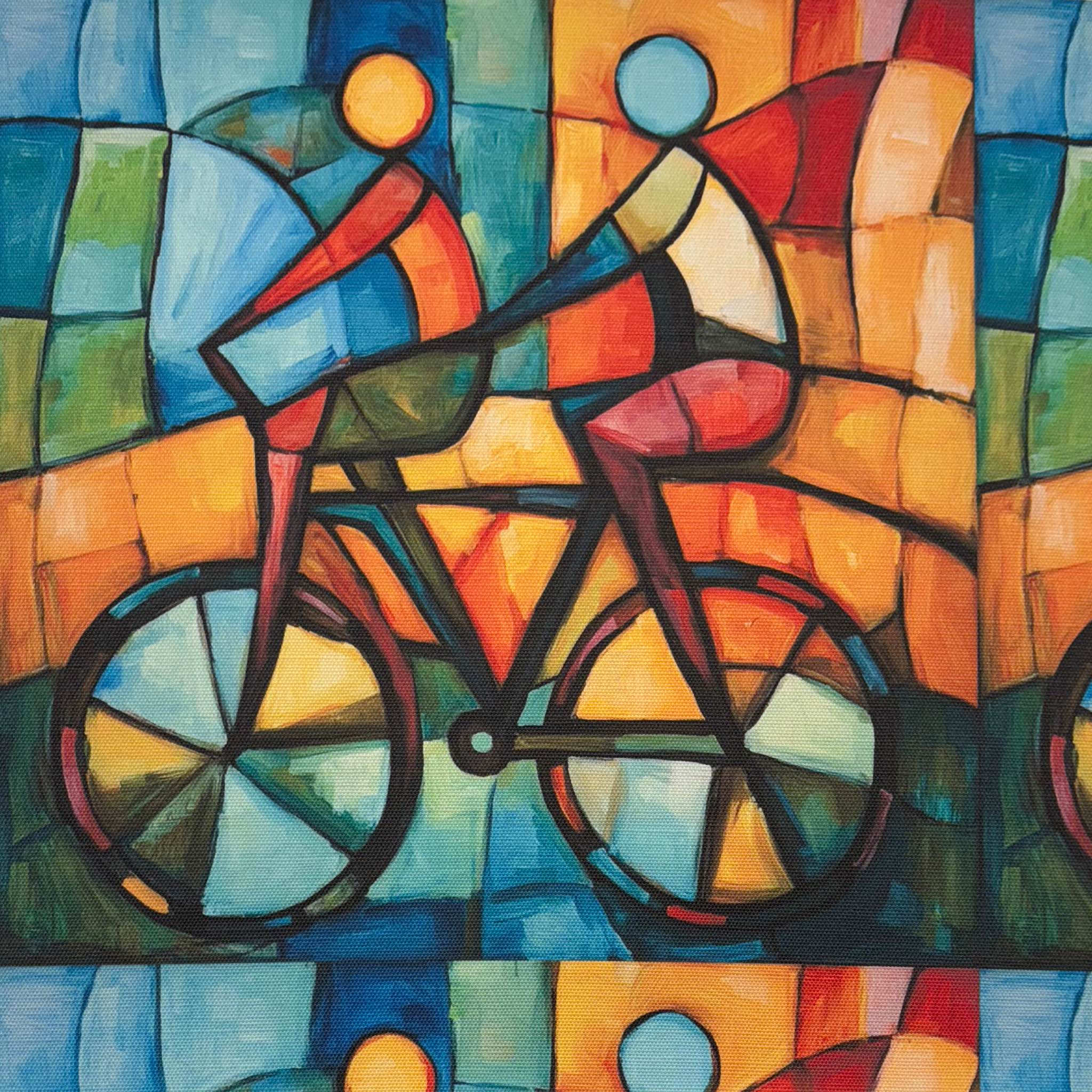 Flat lay of Mougin No.6 multicoloured upholstery fabric with Picasso-style cycling design