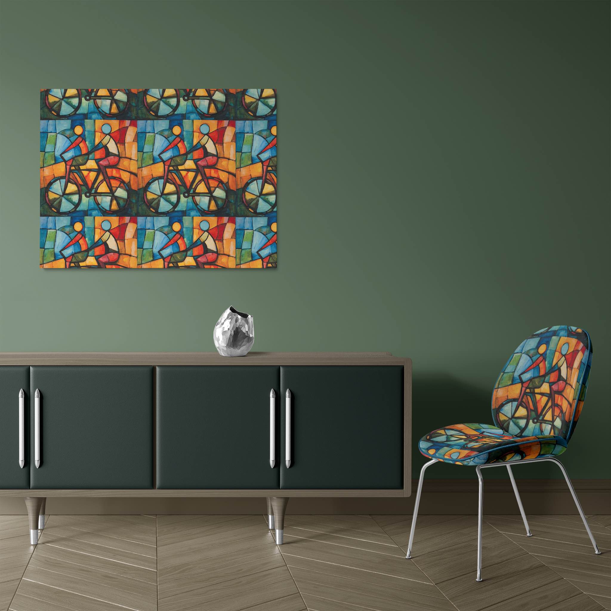 Statement dining chair upholstered in Mougin No.6 cyclist print upholstery fabric