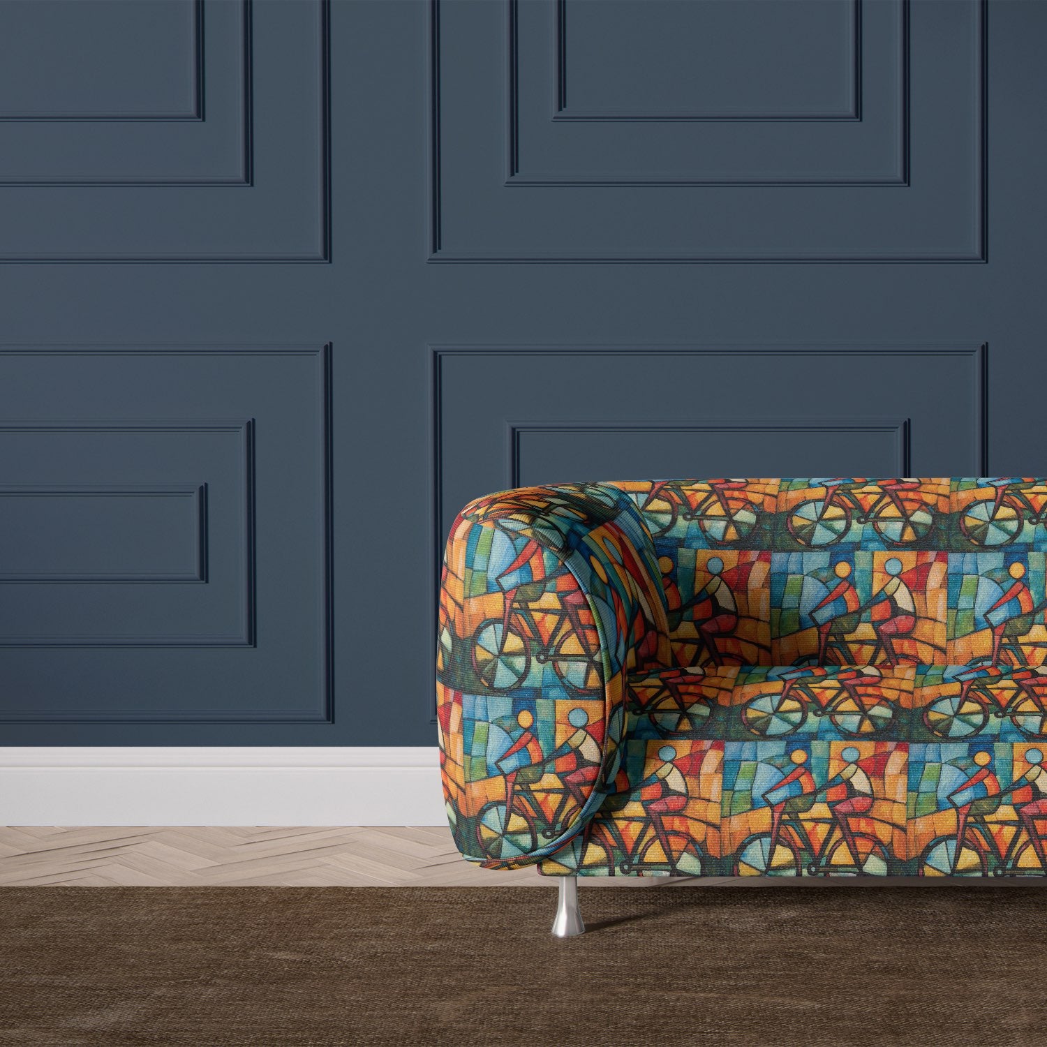 Statement dining chair upholstered in Mougin No.6 cyclist print upholstery fabric