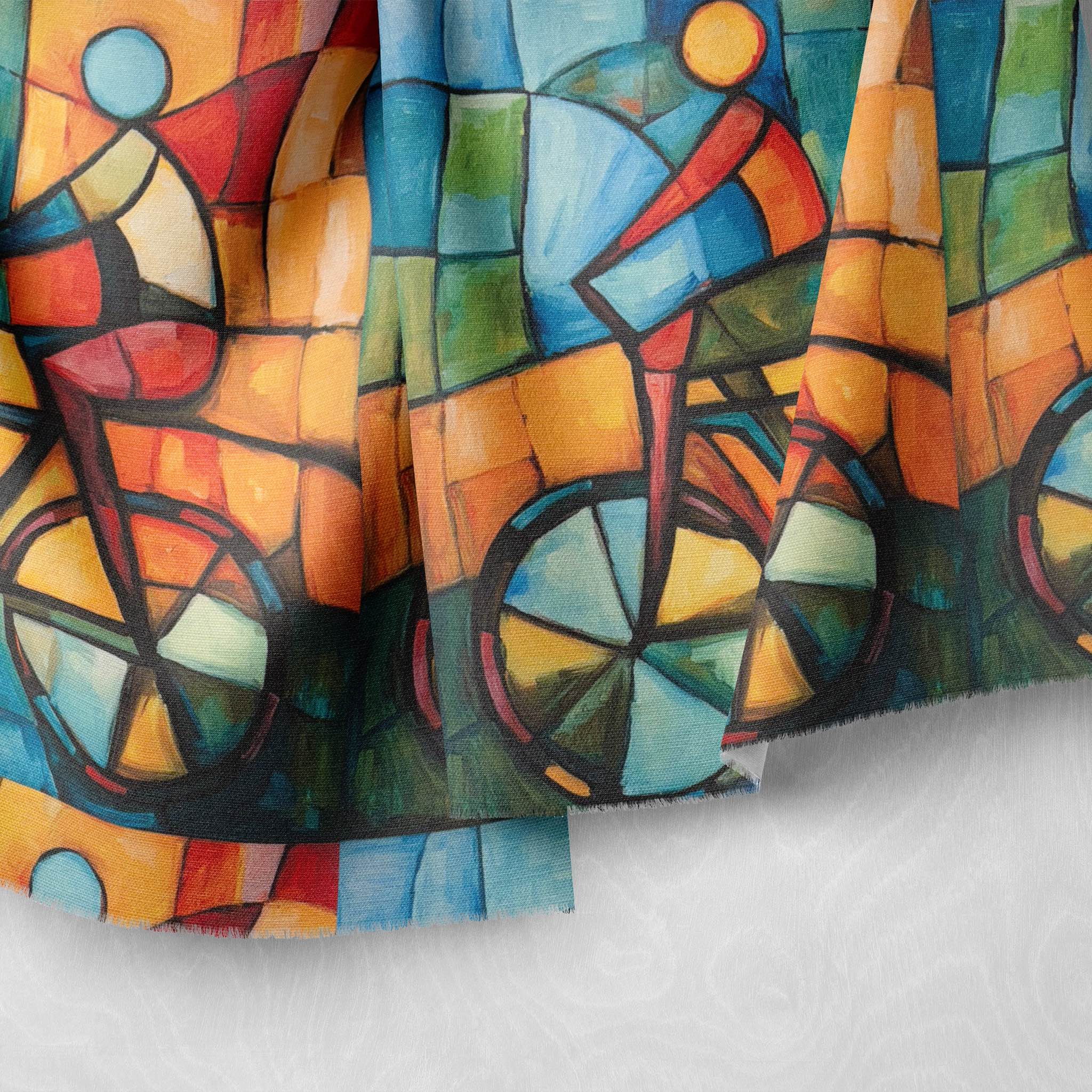 Draped detail of Mougin No.6 upholstery fabric showcasing Cubist bicycle pattern in bold orange and teal tones