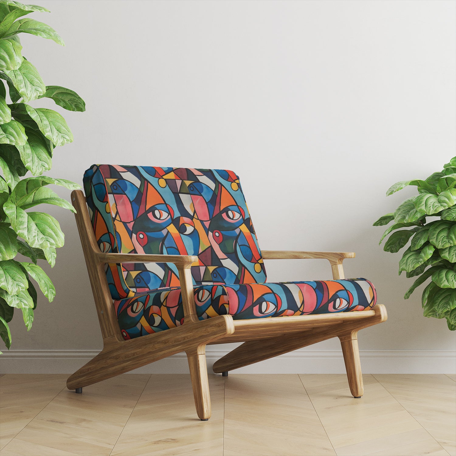 Bold modern chair upholstered in Mougin No.7 Upholstery Fabric Picasso-inspired pattern