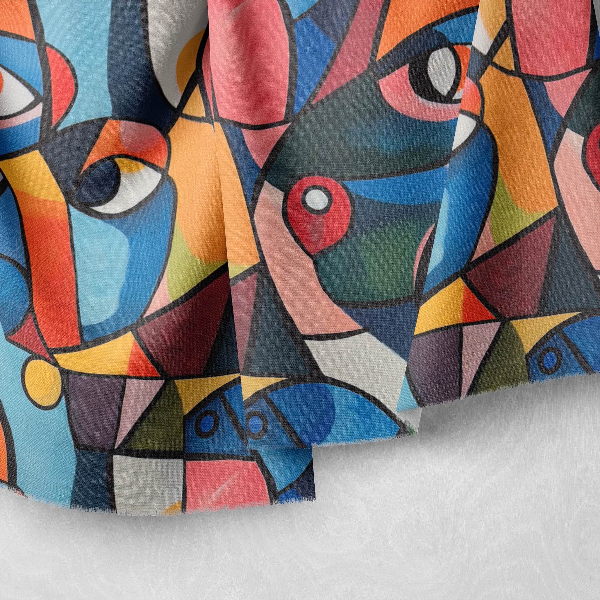 Close-up of Mougin No.7 upholstery fabric showing geometric face elements in red, blue and yellow