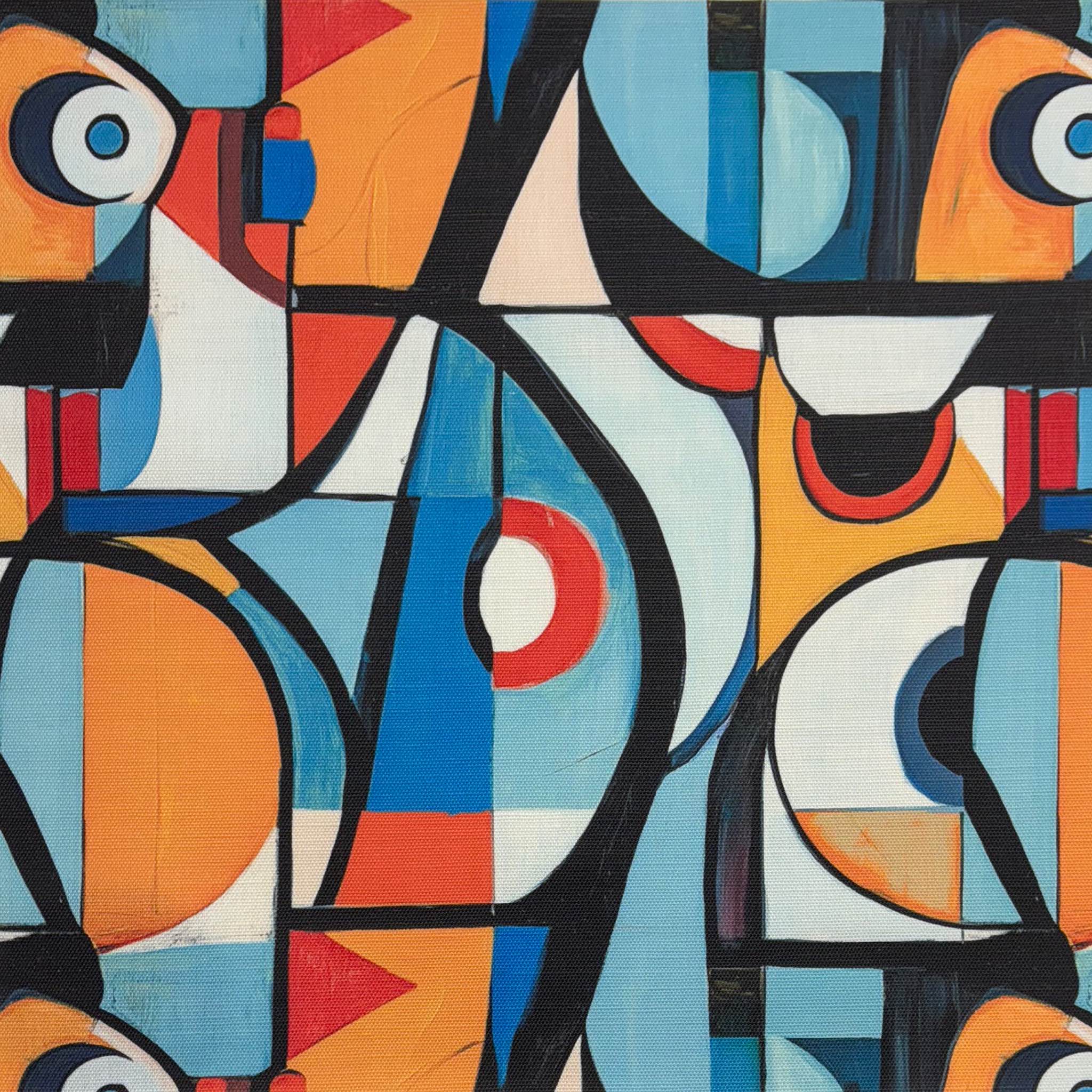 Flat lay of Mougin No.8 Upholstery Fabric in bold blue and orange Cubist pattern