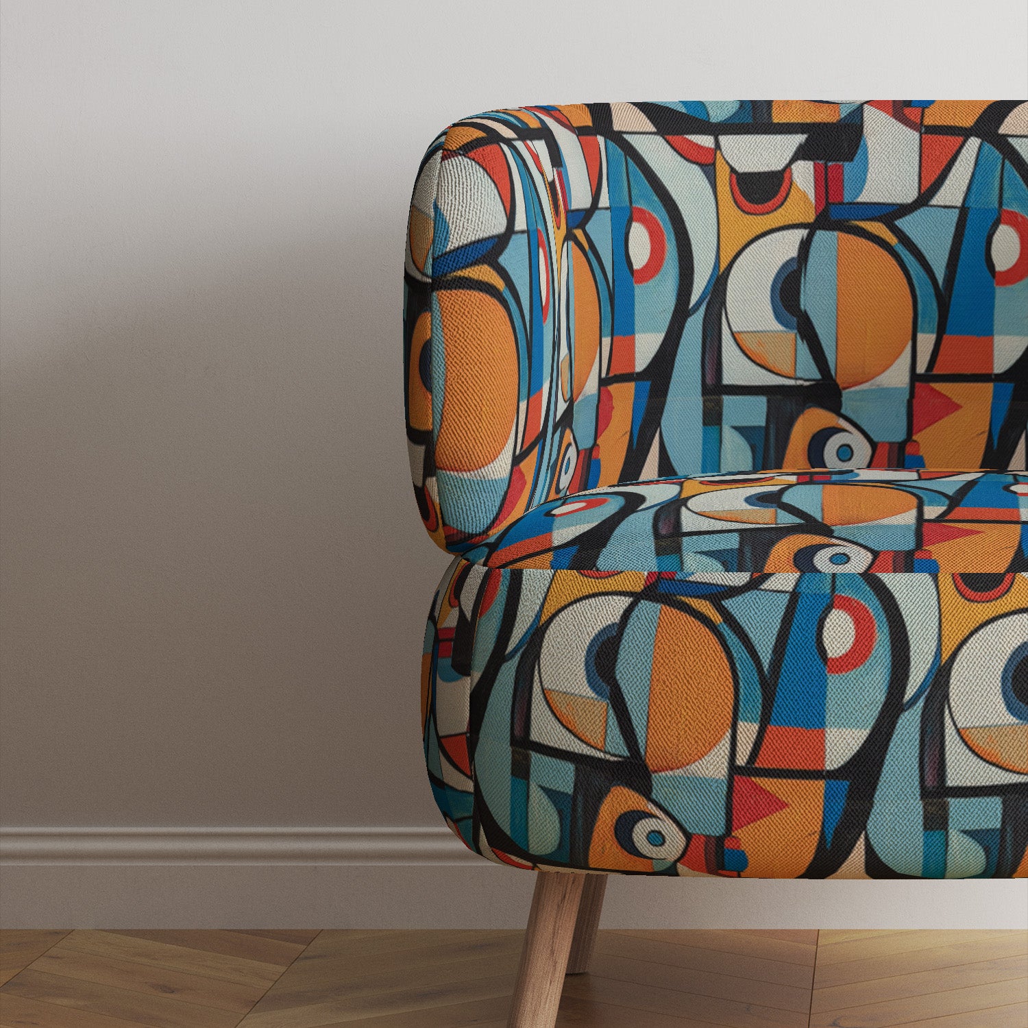 Artistic sofa upholstered in Mougin No.8 abstract Picasso-style upholstery fabric face design
