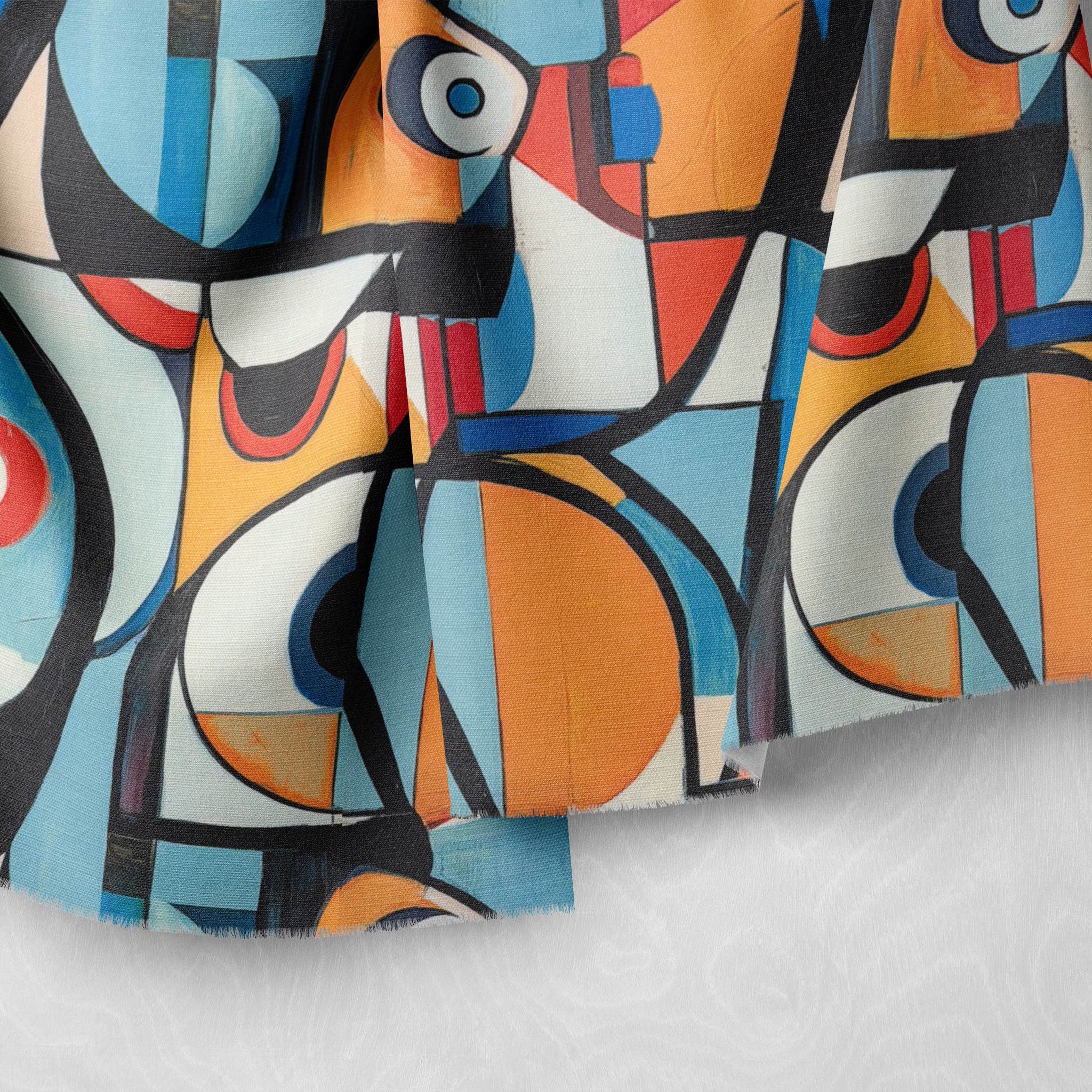 Close-up of Mougin No.8 upholstery fabric highlighting fragmented facial shapes in blue