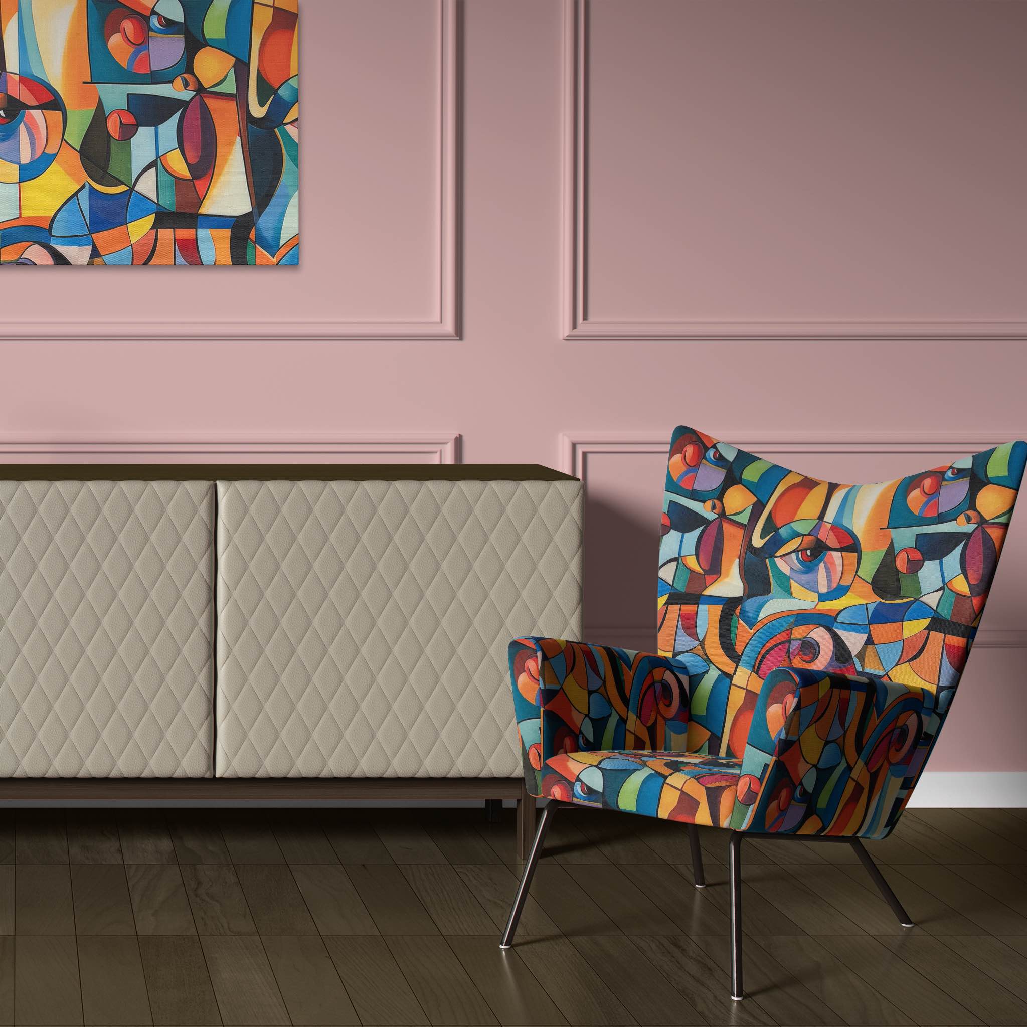 Accent chair upholstered in Mougin No.9 upholstery fabric with bold Picasso-style colour blocks