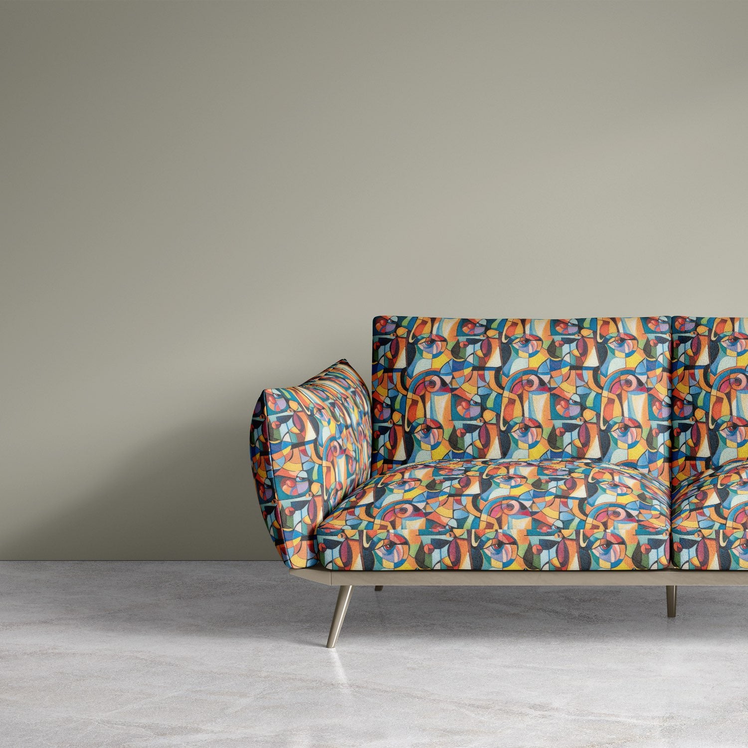 Accent chair upholstered in Mougin No.9 upholstery fabric with bold Picasso-style colour blocks