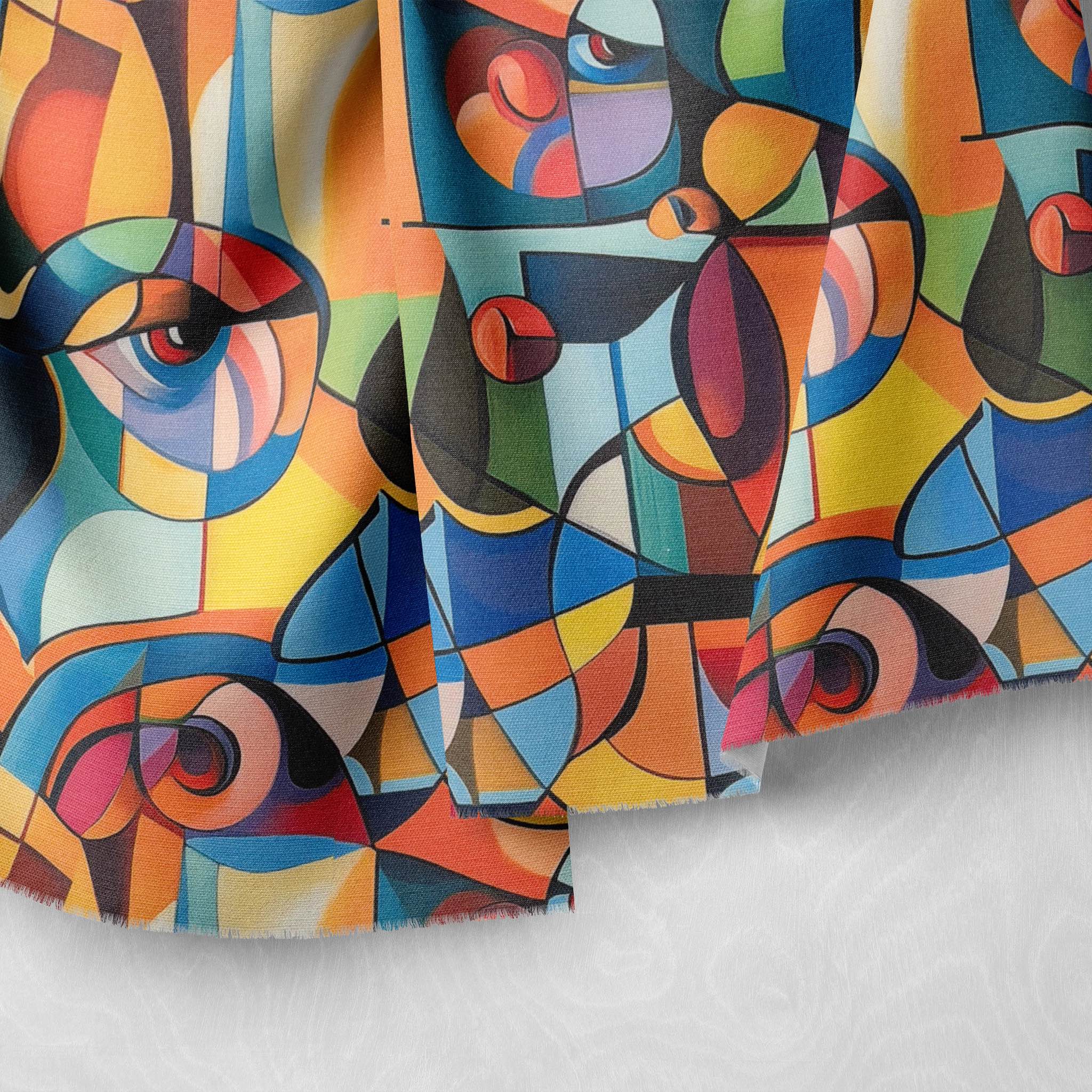 Draped Mougin No.9 luxury fabric highlighting painterly multicoloured facial design
