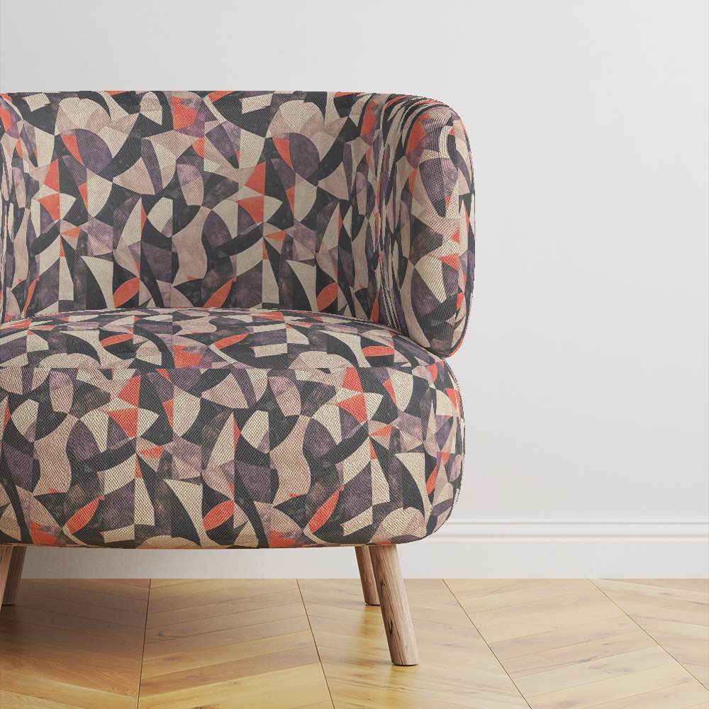 Designer armchair in Movements No.10 – purple statement fabric with muted tones