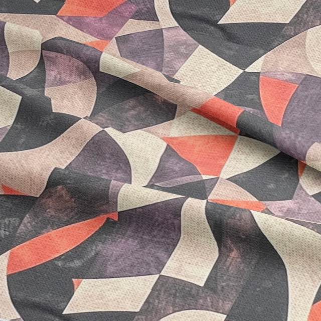 Close-up of Movements No.10 upholstery fabric with lilac, terracotta and charcoal shapes