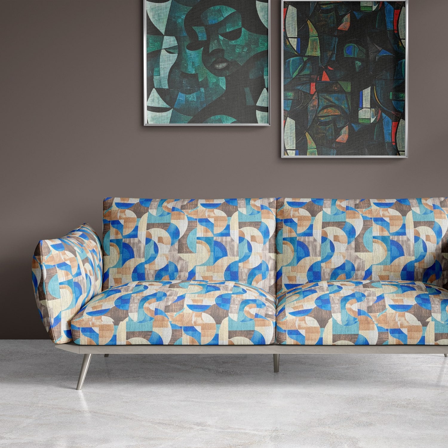 Sofa upholstered in Movements No.12 patterned upholstery fabric with modern geometric design