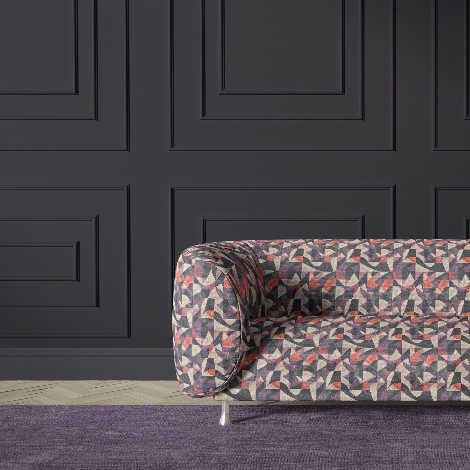 Movements No.1 fabric on chair – bold purple, orange, and charcoal upholstery design