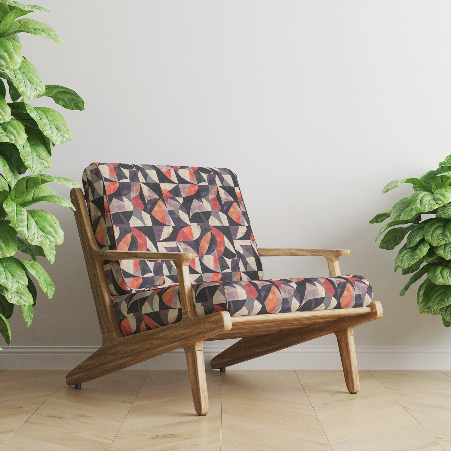 Movements No.1 sofa fabric on chair – bold purple, orange, and charcoal upholstery design