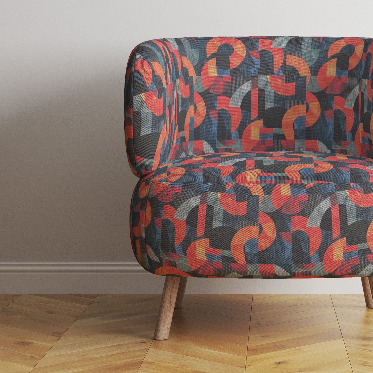 Chair view of Movements No.3 blue and orange abstract shape upholstery fabric