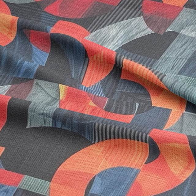 Movements No.3 blue and orange abstract shape upholstery fabric for sofas