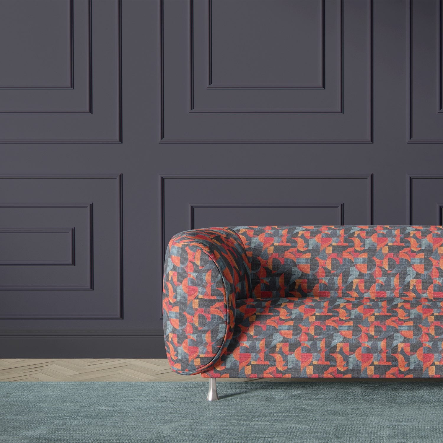 Movements No.4 styled on sofa – bold blue and burnt orange upholstery fabric design