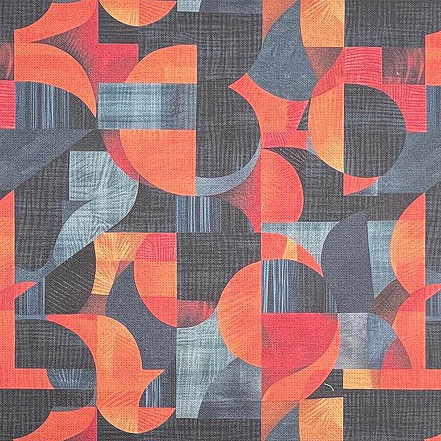 Blue upholstery fabric with curved abstract shapes and orange contrast – Movements No.4 flat lay