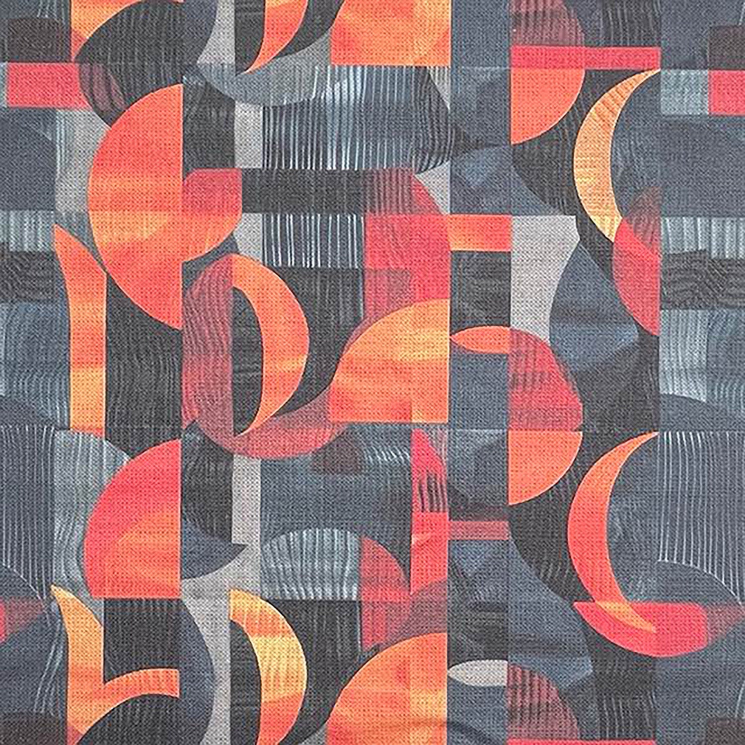Blue upholstery fabric with bold abstract orange and ochre crescent shapes – Movements No.7 flat lay